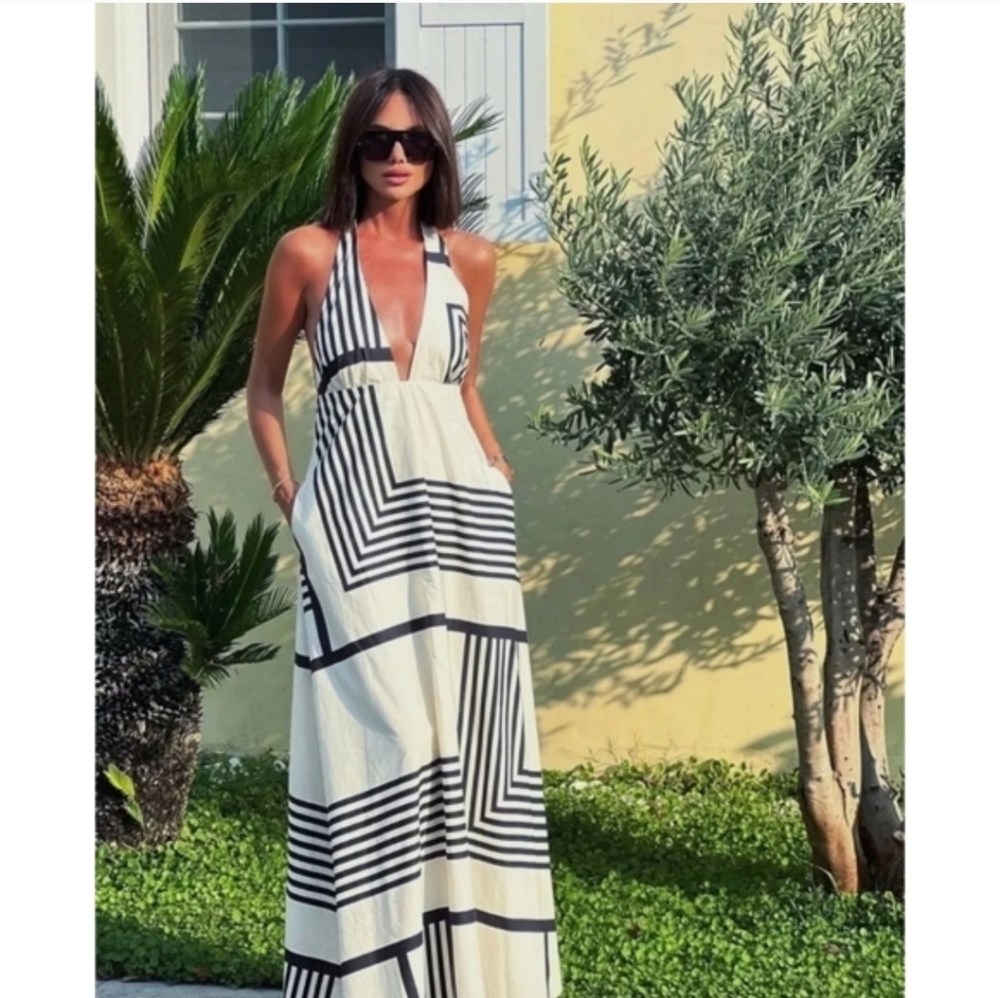 Zara Cotton Dress Halter Black Cream Maxi Size M - Picture 4 of 16